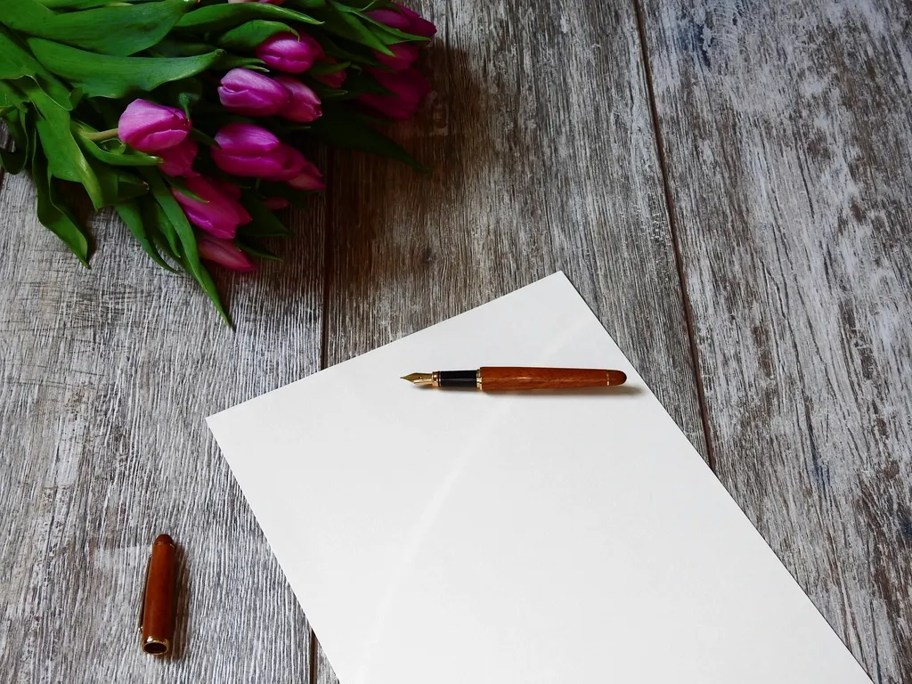 A fountain pen on a blank sheet of paper beside a bunch of pink tulips.